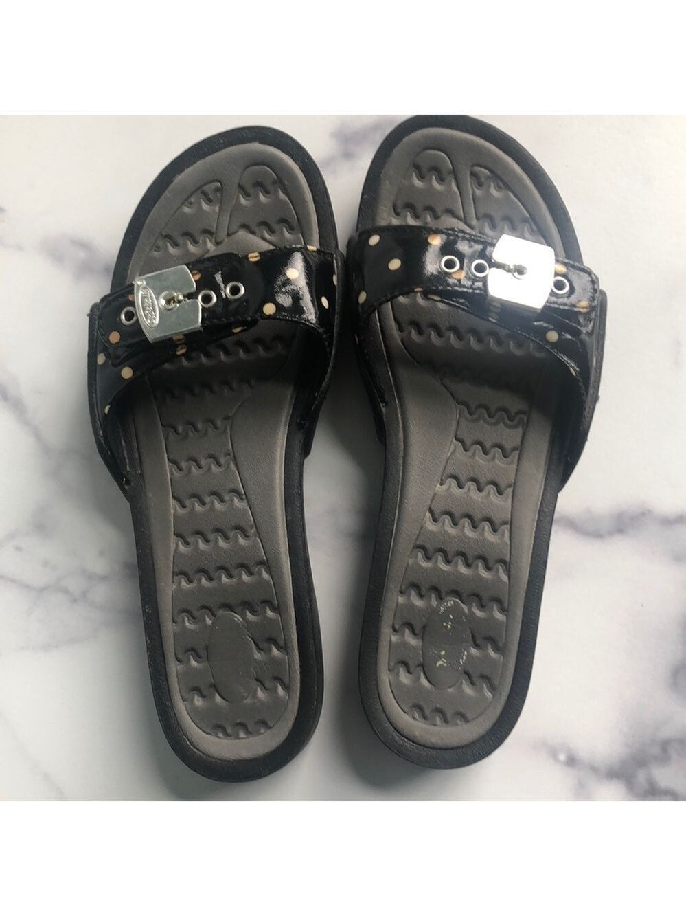 Dr. Scholl's Rock On Comfort Black Polka Dot Wedge Sandal Slides Size 6.5
